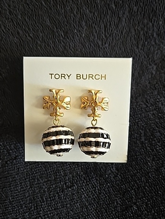 Tory Burch Jewelry - Tory Burch Gold Logo Drop Earrings with Black and White Striped Spheres